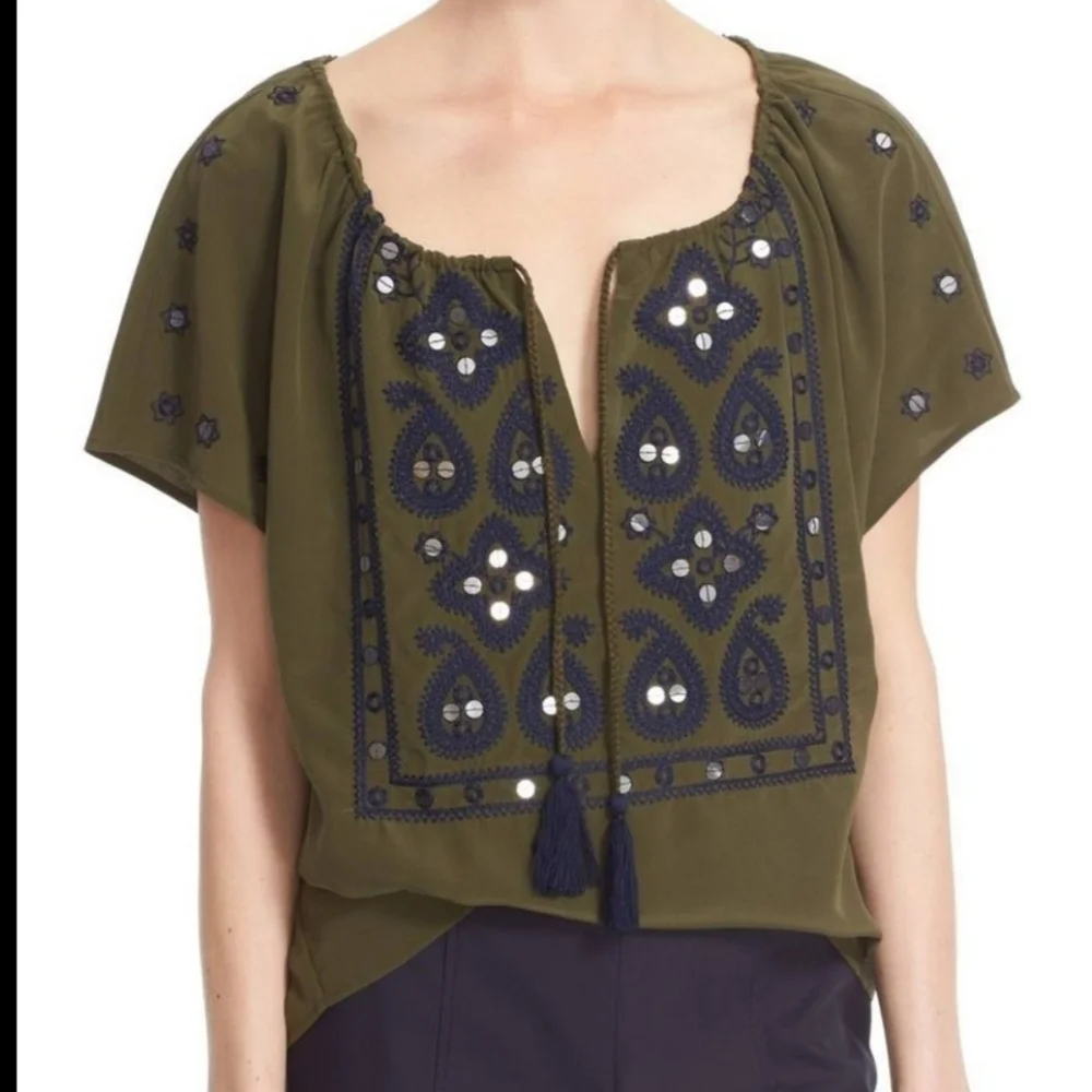 💚 TORY BURCH Silk Top with Sequins and Embroidery Size 2